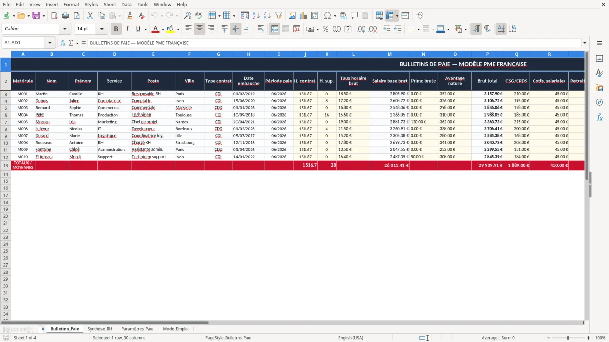 Capture 1 : onglet Bulletins_Paie - Modèle Excel bulletin de paie excel modèle