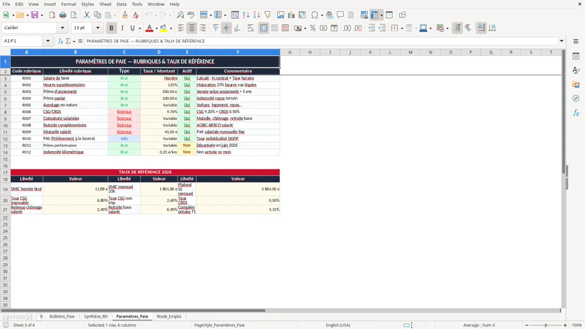 Capture 3 : onglet Paramètres_Paie - Modèle Excel bulletin de paie excel modèle