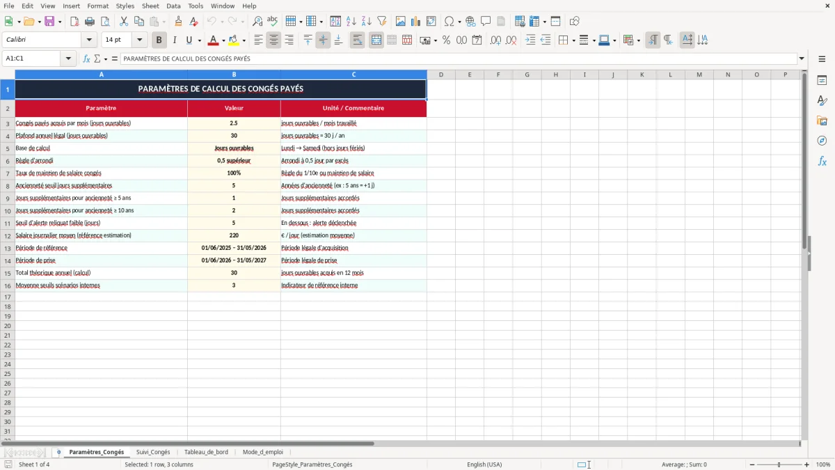 Capture 1 : onglet Paramètres_Congés - Modèle Excel calcul des congés payés excel modèle