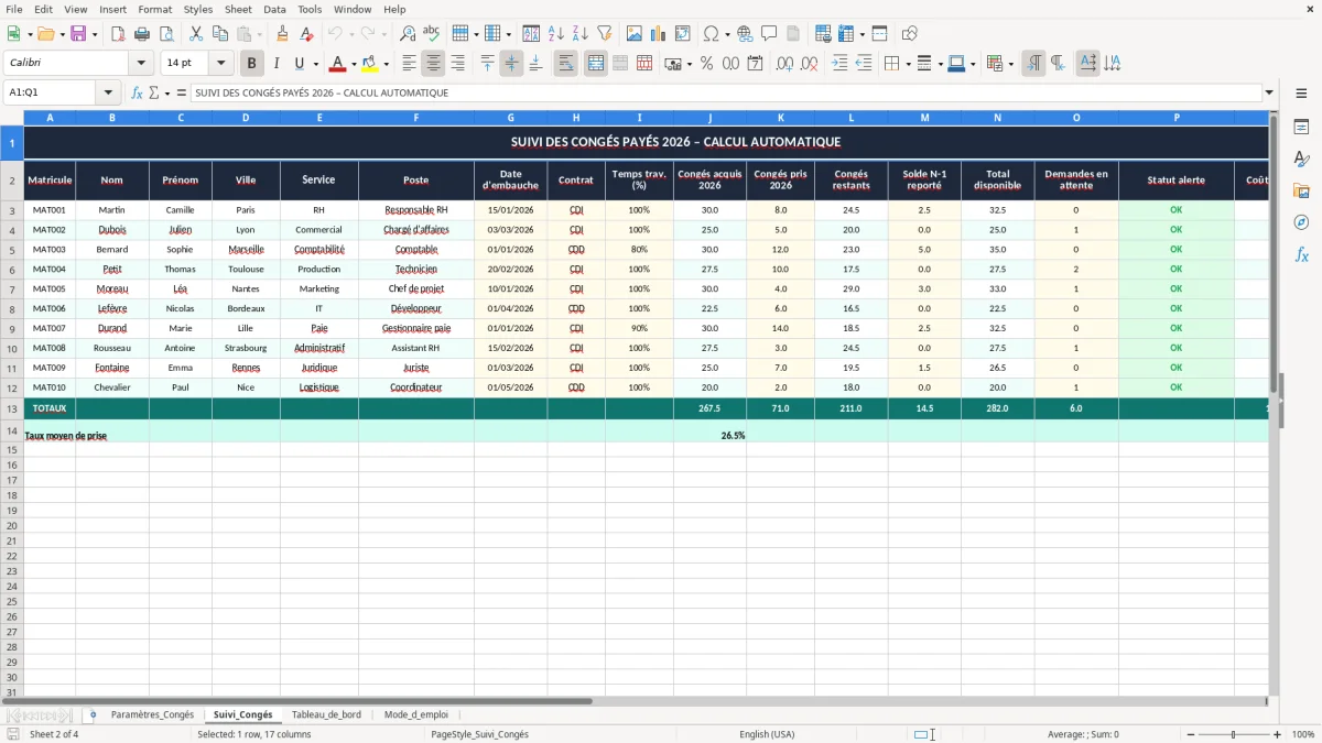 Capture 2 : onglet Suivi_Congés - Modèle Excel calcul des congés payés excel modèle