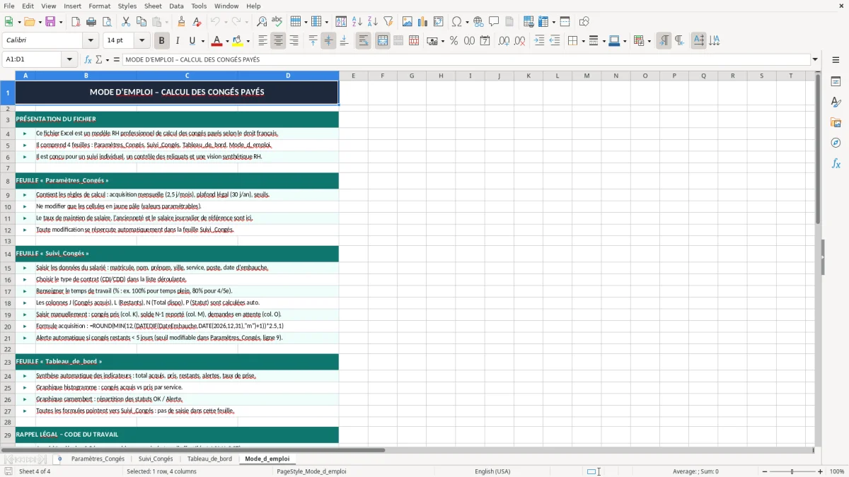 Capture 4 : onglet Mode_d_emploi - Modèle Excel calcul des congés payés excel modèle