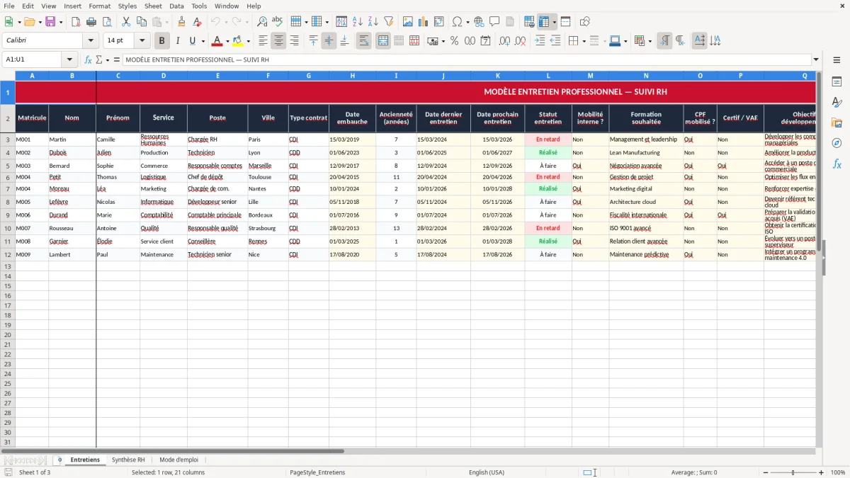 Capture 1 : onglet Entretiens - Modèle Excel entretien professionnel excel modèle