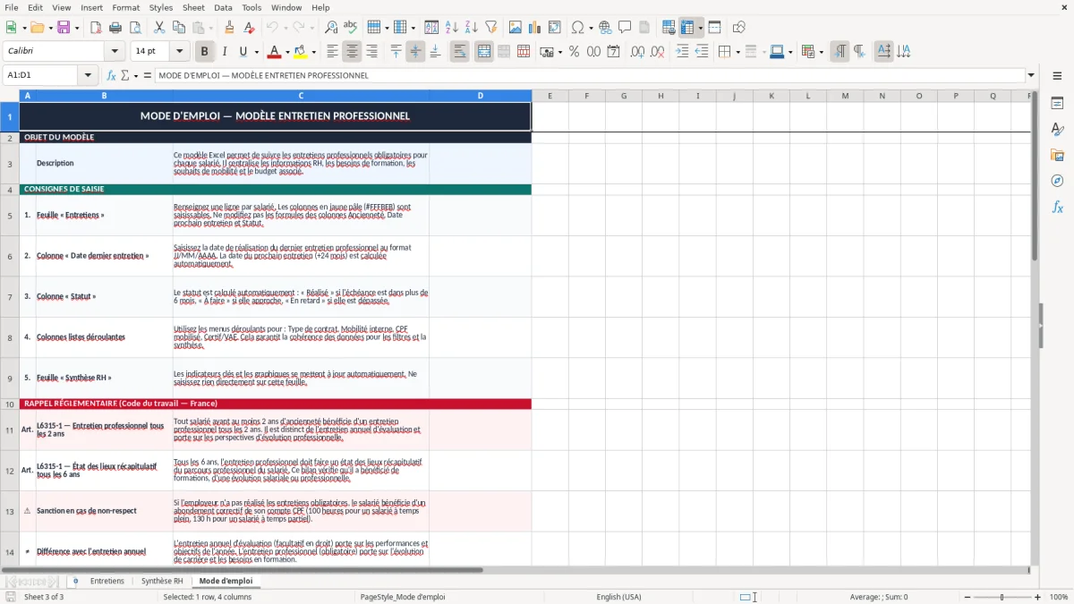 Capture 3 : onglet Mode d'emploi - Modèle Excel entretien professionnel excel modèle