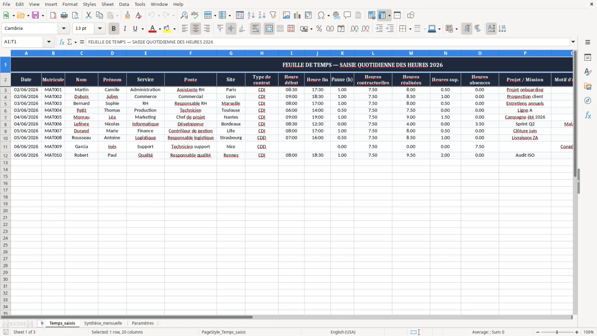 Capture 1 : onglet Temps_saisis - Modèle Excel feuille de temps excel modèle