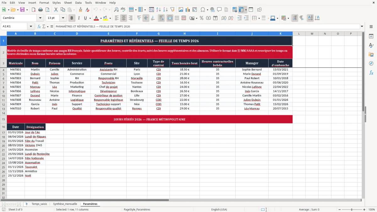 Capture 3 : onglet Paramètres - Modèle Excel feuille de temps excel modèle