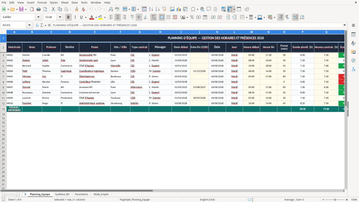 Capture 1 : onglet Planning_Equipe - Modèle Excel gestion des plannings excel modèle