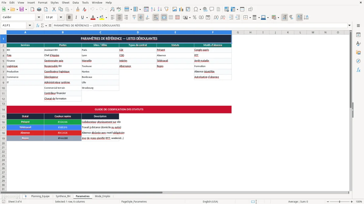 Capture 3 : onglet Parametres - Modèle Excel gestion des plannings excel modèle
