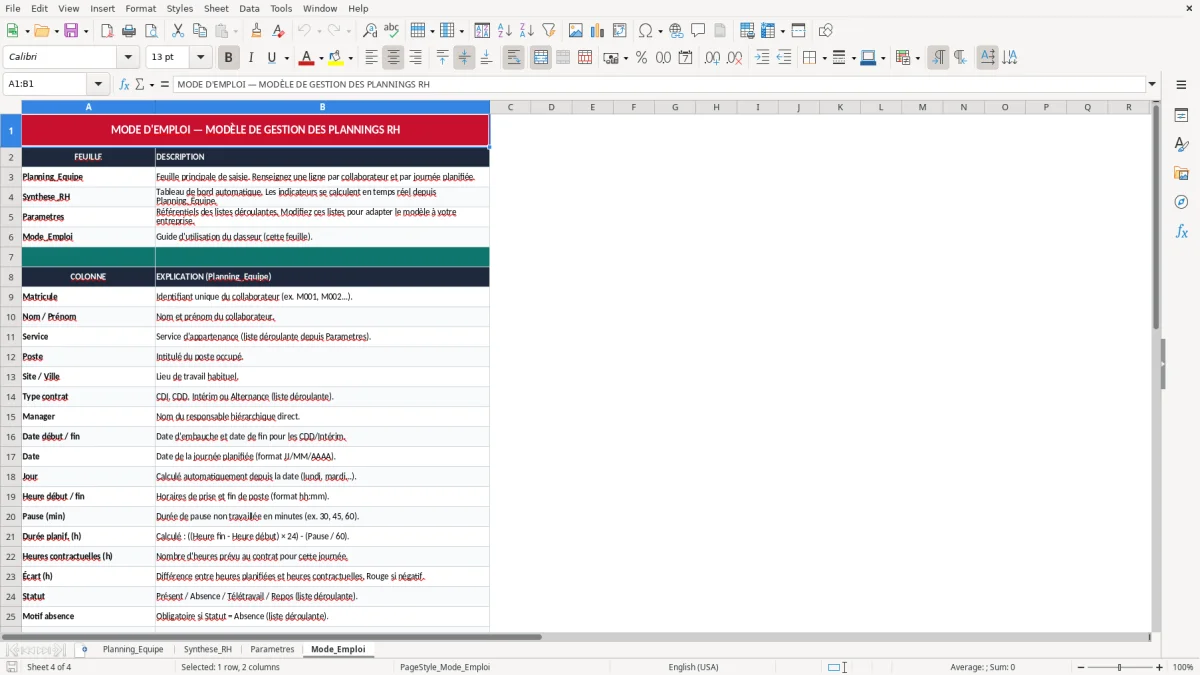 Capture 4 : onglet Mode_Emploi - Modèle Excel gestion des plannings excel modèle
