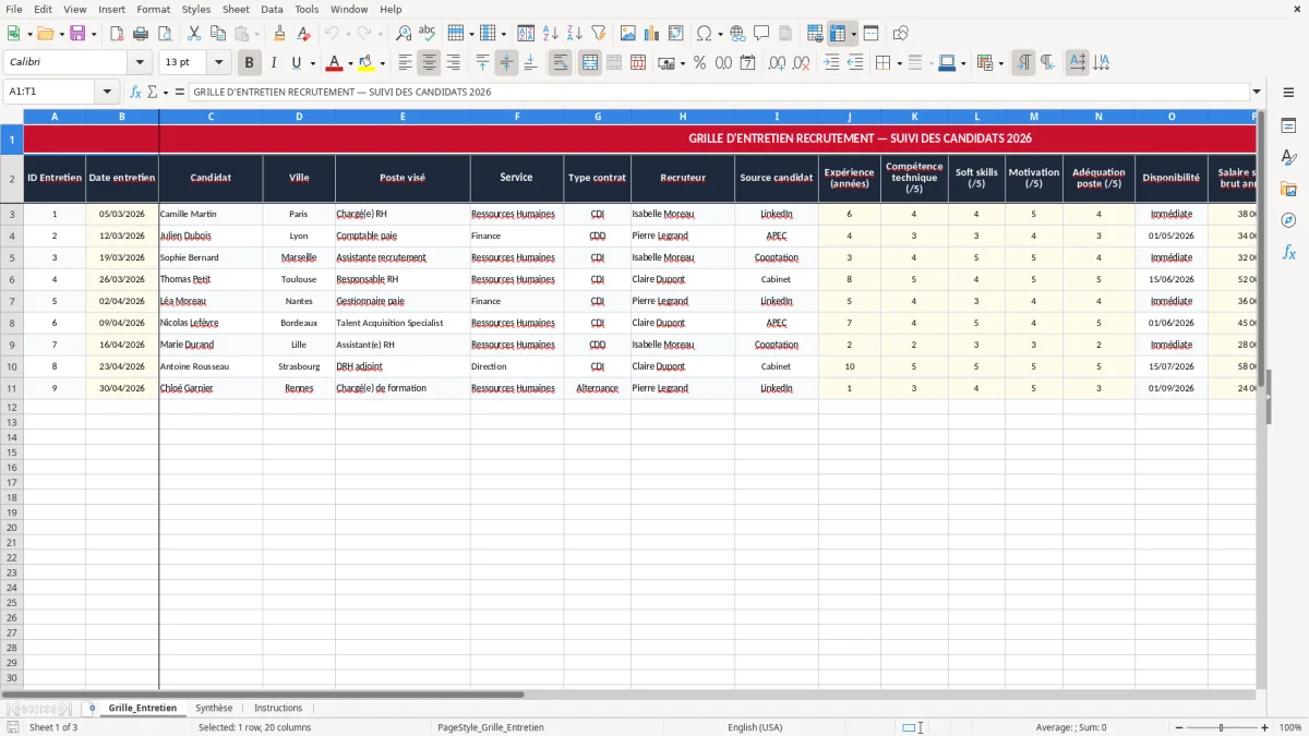 Capture 1 : onglet Grille_Entretien - Modèle Excel grille d'entretien recrutement excel modèle