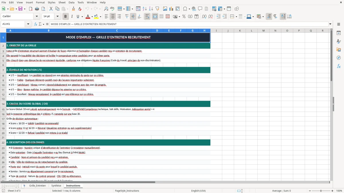 Capture 3 : onglet Instructions - Modèle Excel grille d'entretien recrutement excel modèle