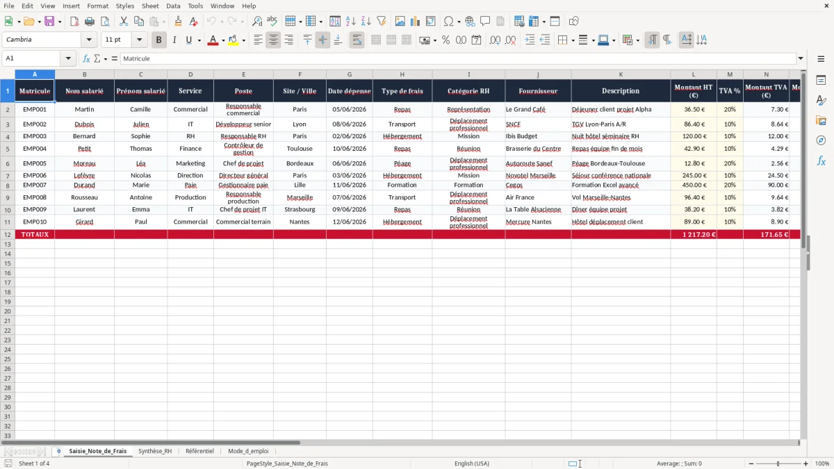 Capture 1 : onglet Saisie_Note_de_Frais - Modèle Excel note de frais excel modèle