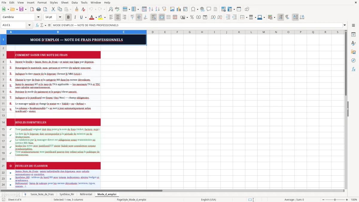 Capture 4 : onglet Mode_d_emploi - Modèle Excel note de frais excel modèle