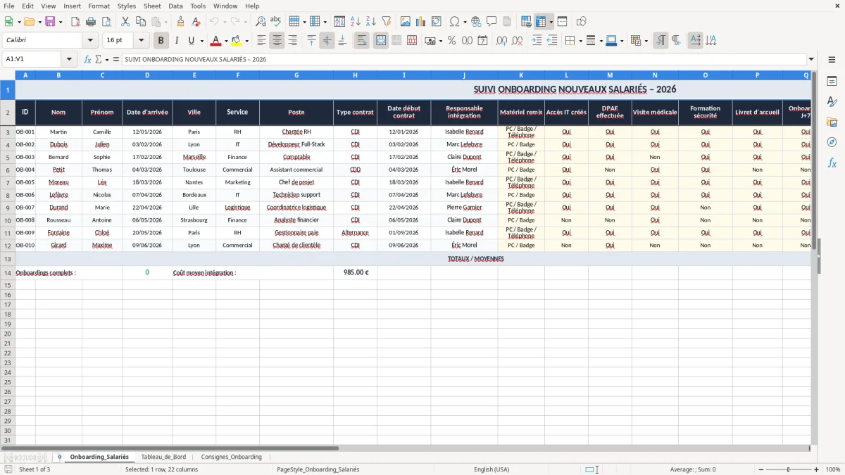 Capture 1 : onglet Onboarding_Salariés - Modèle Excel onboarding nouveau salarié excel modèle
