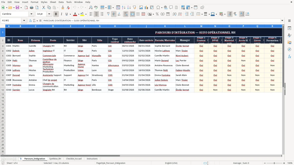 Capture 1 : onglet Parcours_Intégration - Modèle Excel parcours d'intégration excel modèle
