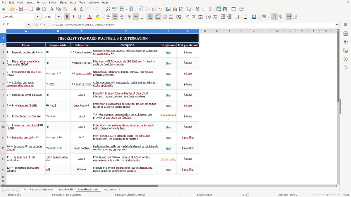 Capture 3 : onglet Checklist_Accueil - Modèle Excel parcours d'intégration excel modèle