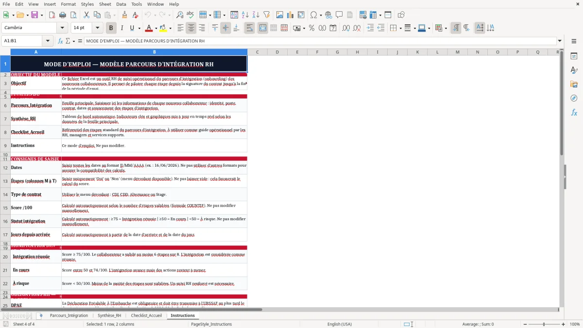 Capture 4 : onglet Instructions - Modèle Excel parcours d'intégration excel modèle