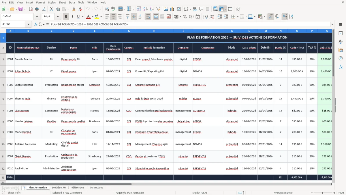 Capture 1 : onglet Plan_Formation - Modèle Excel plan de formation excel modèle