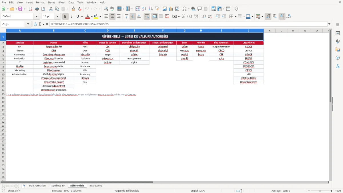 Capture 3 : onglet Référentiels - Modèle Excel plan de formation excel modèle