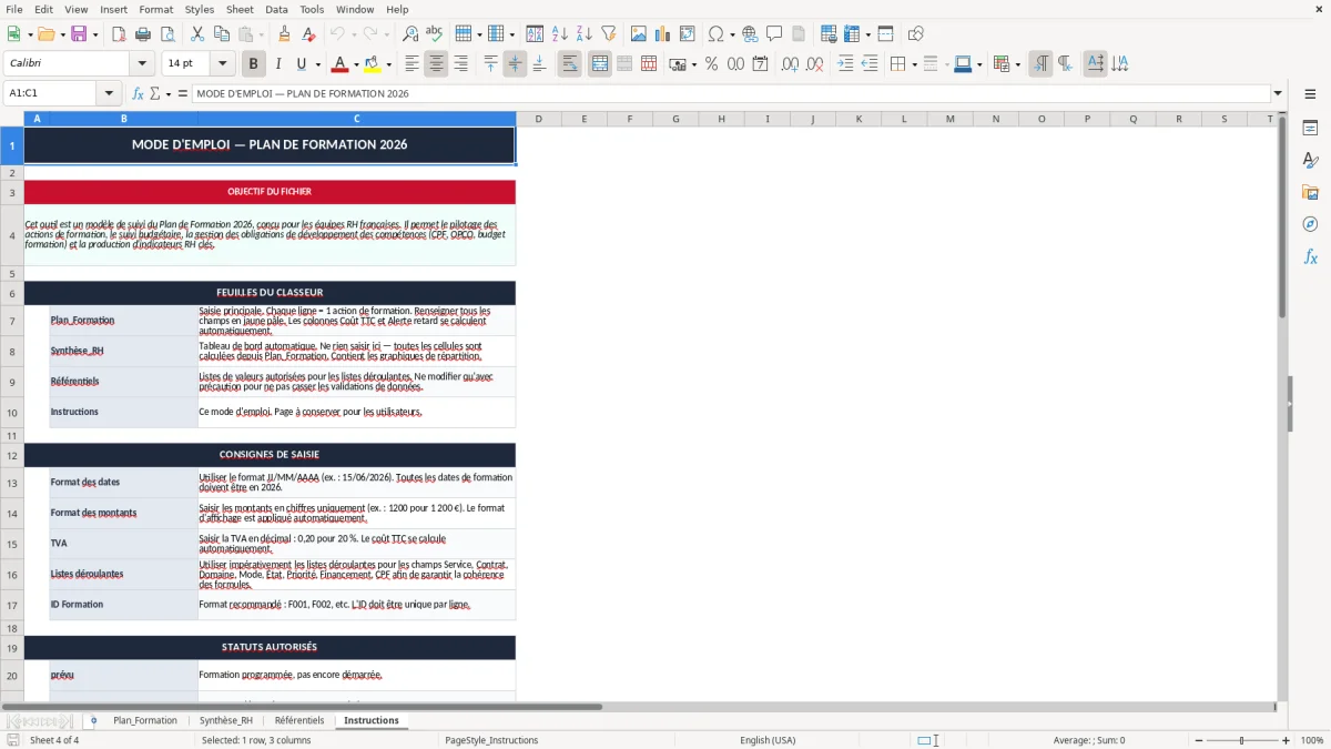 Capture 4 : onglet Instructions - Modèle Excel plan de formation excel modèle