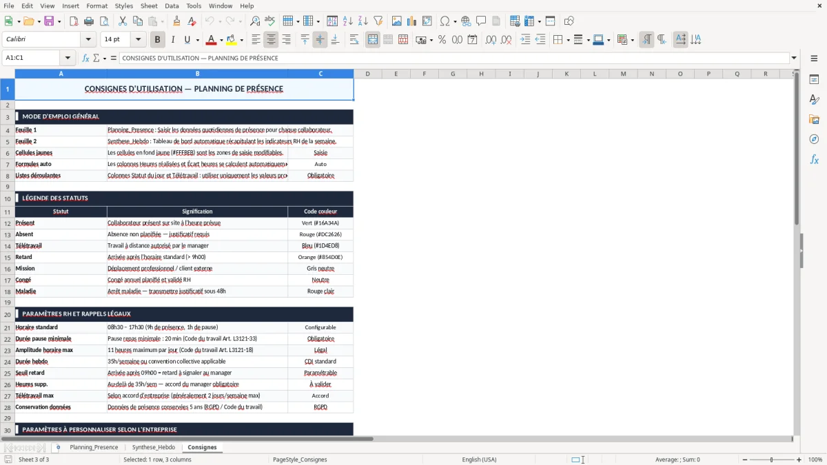 Capture 3 : onglet Consignes - Modèle Excel planning de présence excel modèle