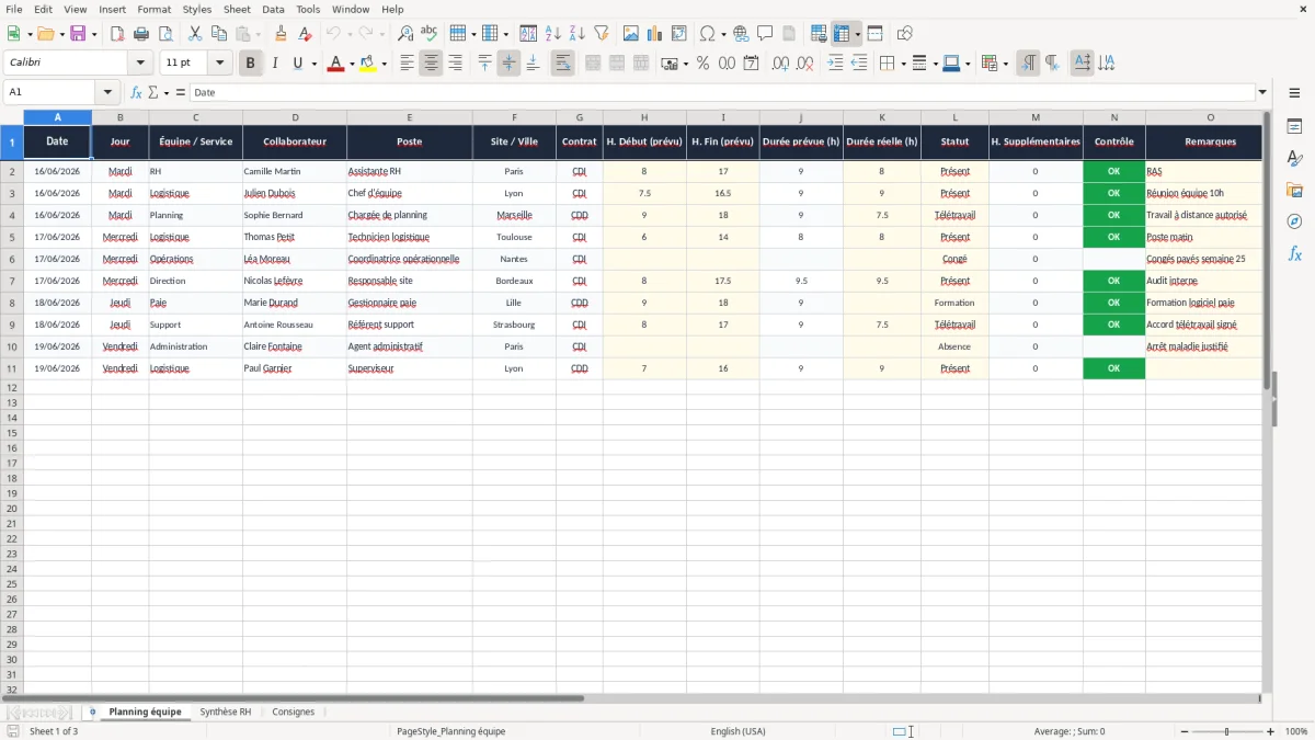 Skärmbild 1: fliken Planning équipe - Excelmall planning équipe excel modèle gratuit