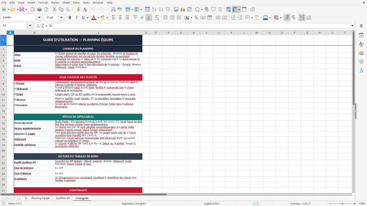 Skärmbild 3: fliken Consignes - Excelmall planning équipe excel modèle gratuit