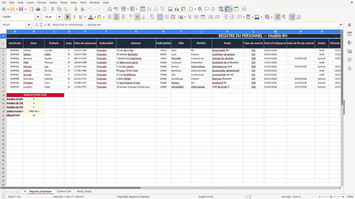Skärmbild 1: fliken Registre_Employes - Excelmall registre du personnel excel modèle