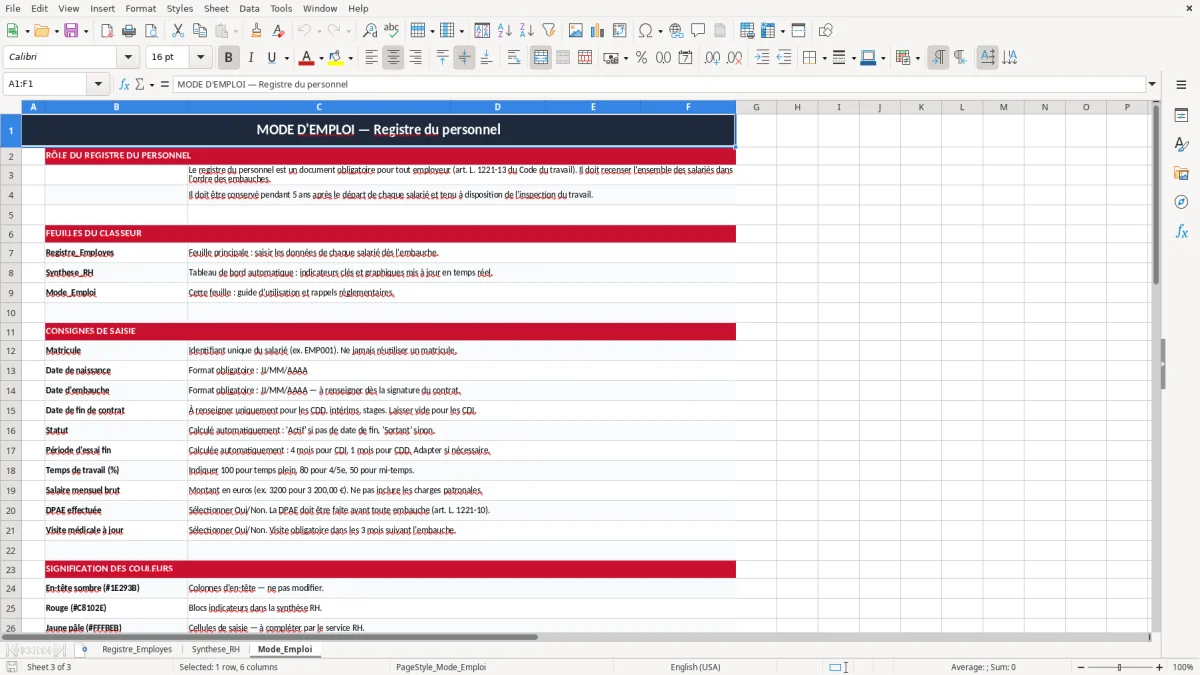 Skärmbild 3: fliken Mode_Emploi - Excelmall registre du personnel excel modèle