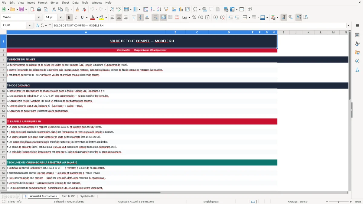 Capture 1 : onglet Accueil & Instructions - Modèle Excel solde de tout compte excel modèle