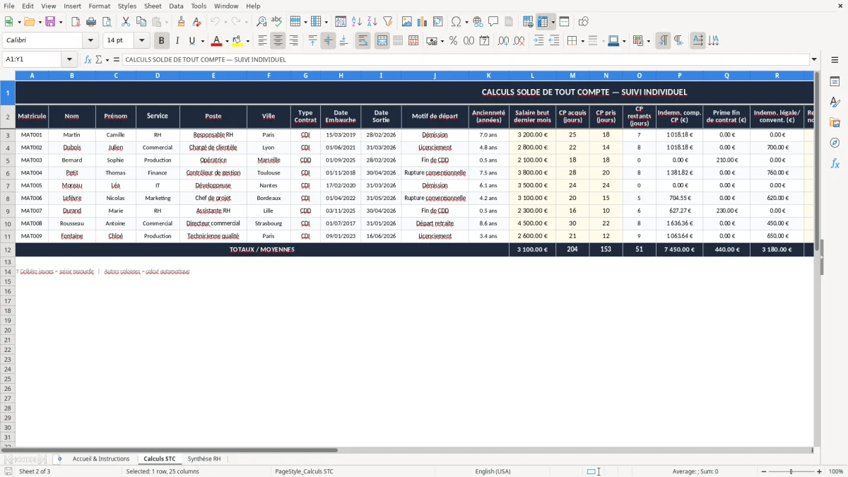 Capture 2 : onglet Calculs STC - Modèle Excel solde de tout compte excel modèle