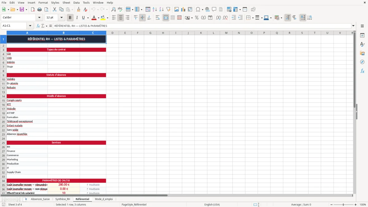Capture 3 : onglet Référentiel - Modèle Excel suivi des absences excel modèle
