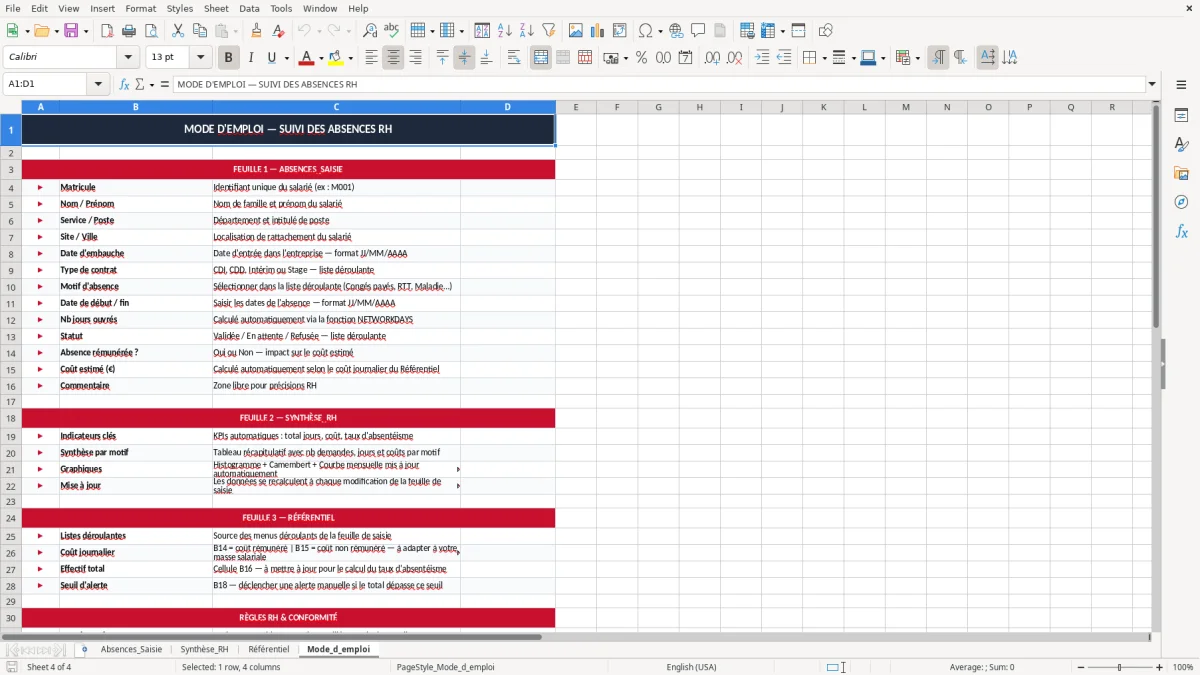 Capture 4 : onglet Mode_d_emploi - Modèle Excel suivi des absences excel modèle