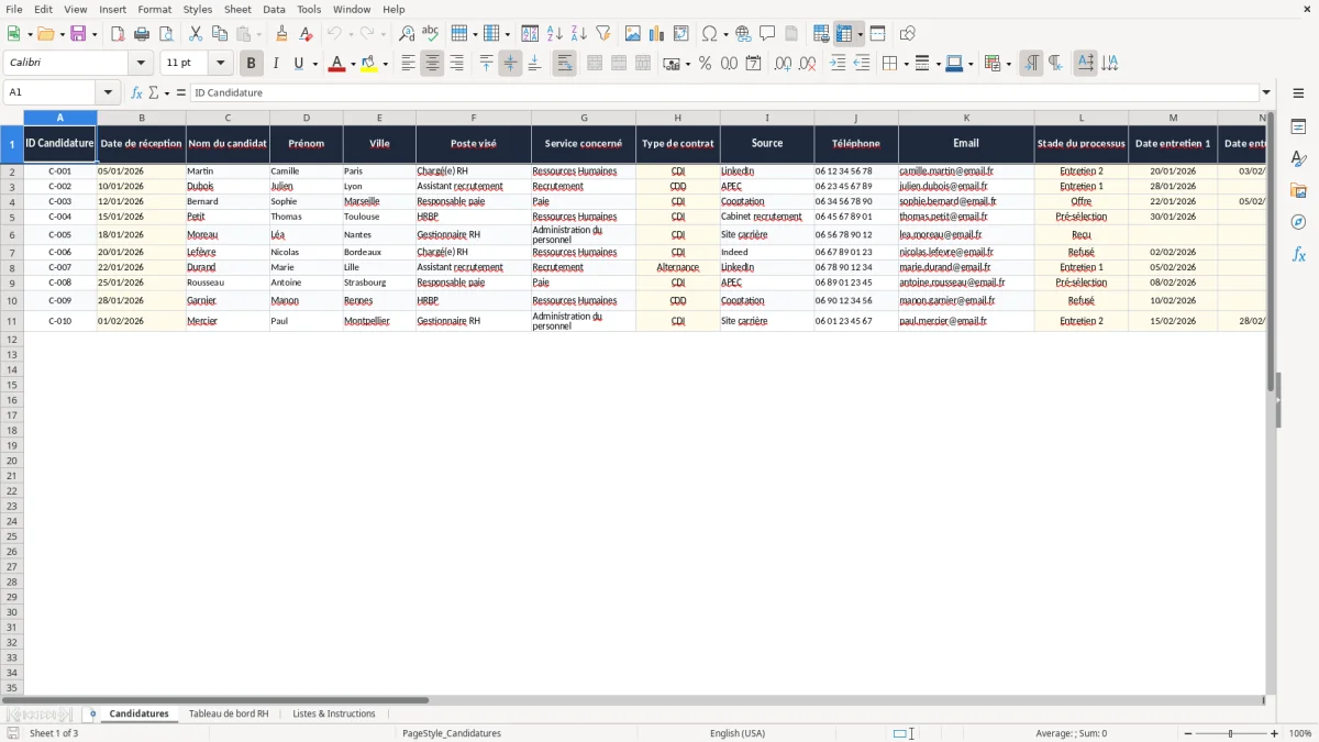 Capture 1 : onglet Candidatures - Modèle Excel suivi des candidatures excel modèle