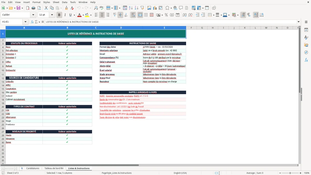 Capture 3 : onglet Listes & Instructions - Modèle Excel suivi des candidatures excel modèle