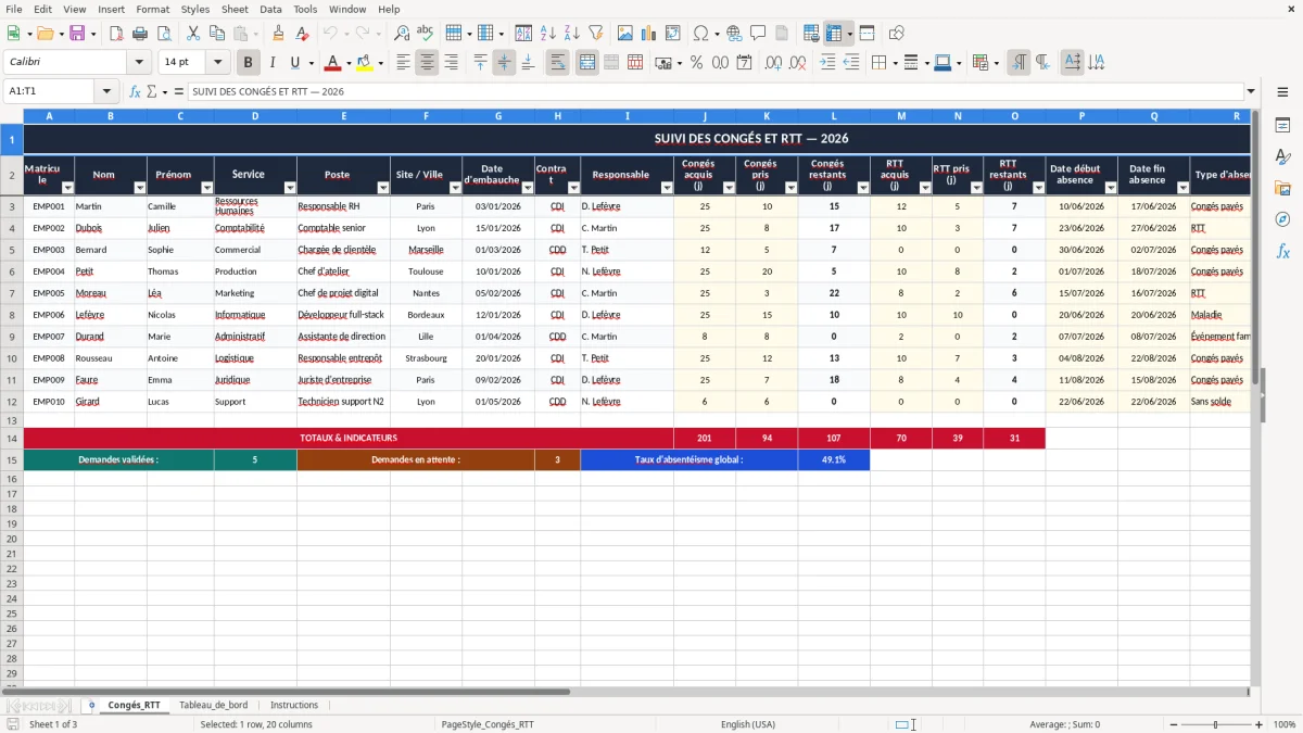 Capture 1 : onglet Congés_RTT - Modèle Excel suivi des congés et rtt excel modèle