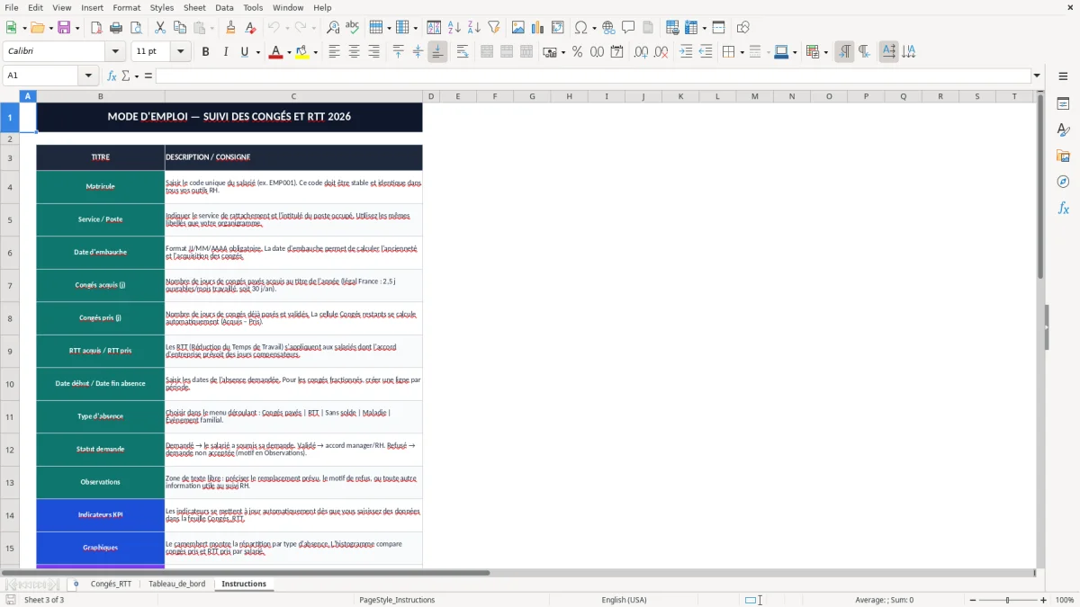 Capture 3 : onglet Instructions - Modèle Excel suivi des congés et rtt excel modèle