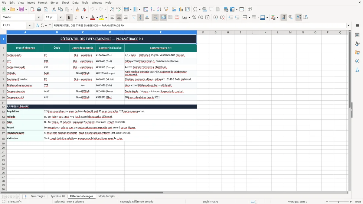 Skärmbild 3: fliken Référentiel congés - Excelmall suivi des congés payés excel modèle