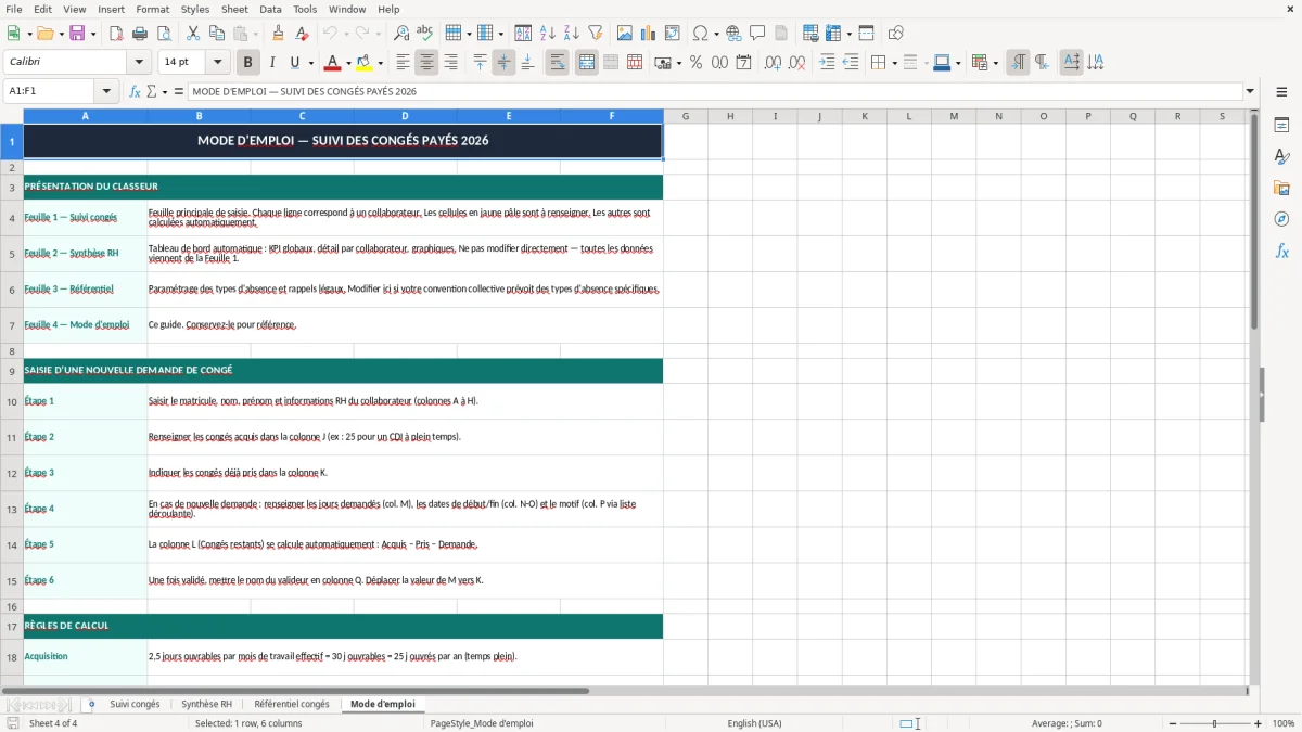 Skärmbild 4: fliken Mode d'emploi - Excelmall suivi des congés payés excel modèle