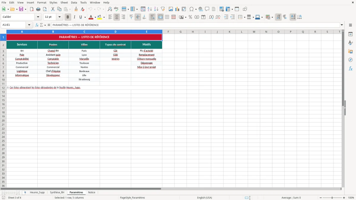 Capture 3 : onglet Paramètres - Modèle Excel suivi des heures supplémentaires excel modèle
