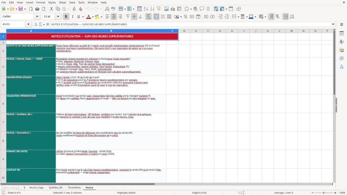 Capture 4 : onglet Notice - Modèle Excel suivi des heures supplémentaires excel modèle