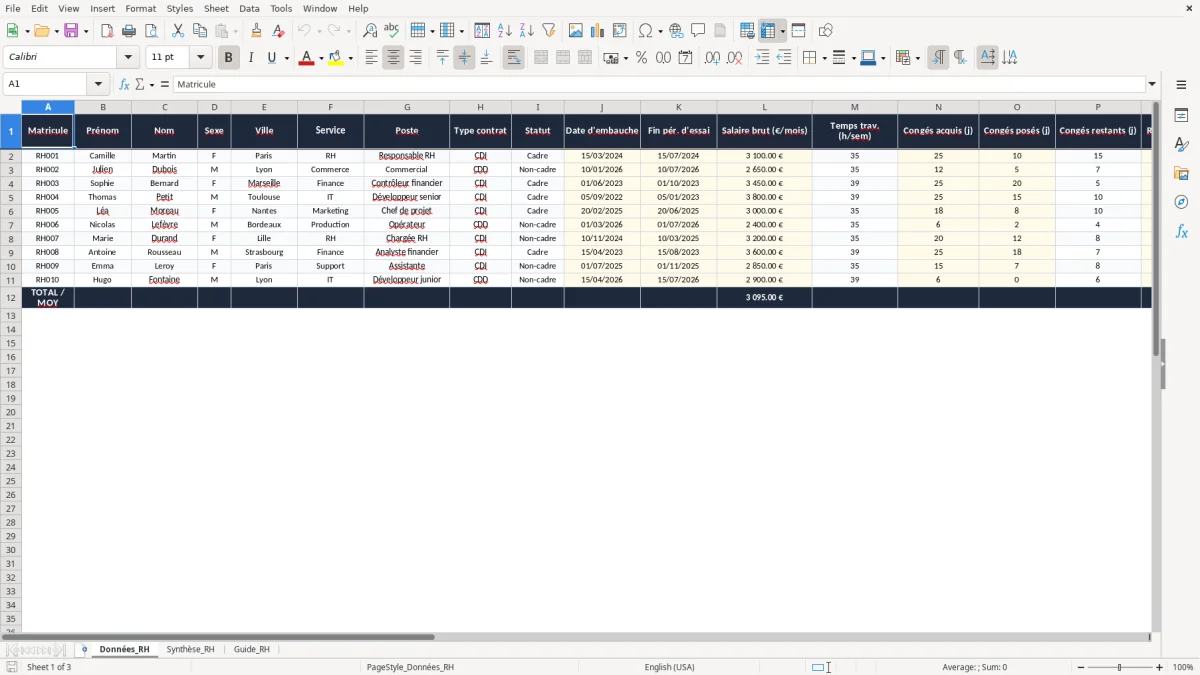 Skärmbild 1: fliken Données_RH - Excelmall tableau de bord rh excel modèle