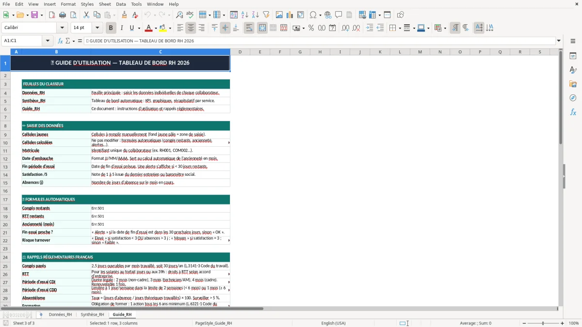 Skärmbild 3: fliken Guide_RH - Excelmall tableau de bord rh excel modèle