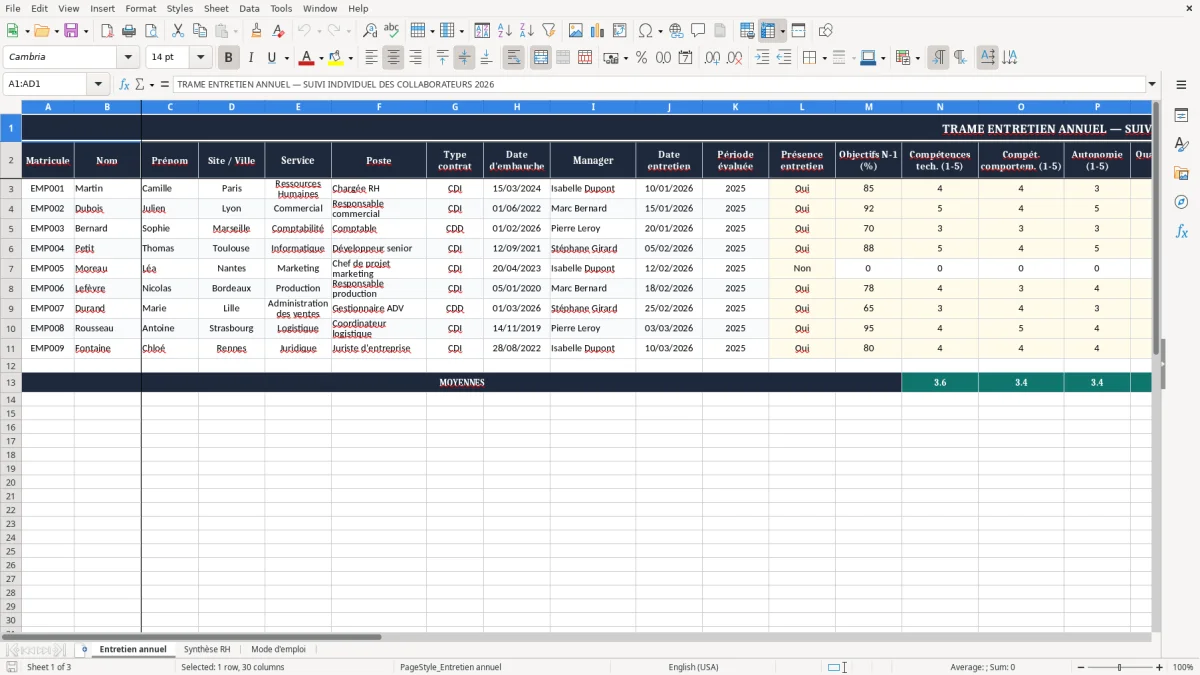Capture 1 : onglet Entretien annuel - Modèle Excel trame entretien annuel excel modèle