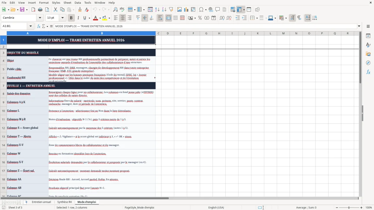 Capture 3 : onglet Mode d'emploi - Modèle Excel trame entretien annuel excel modèle