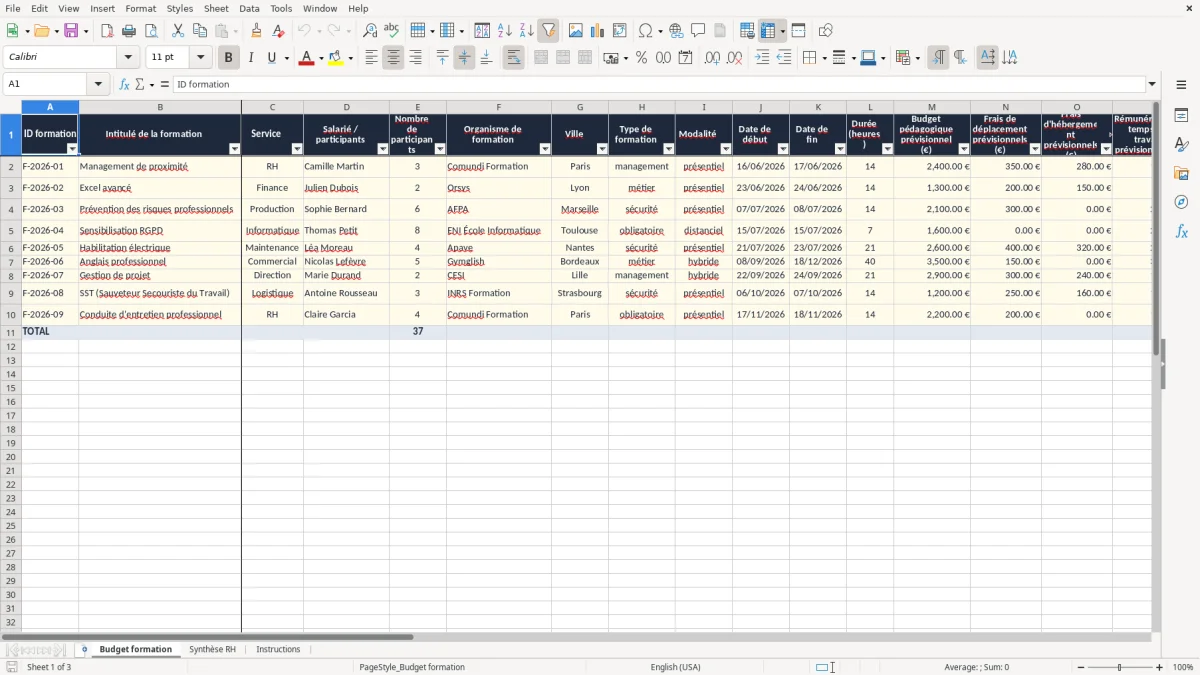 Capture 1 : onglet Budget formation - Modèle Excel budget formation excel modèle