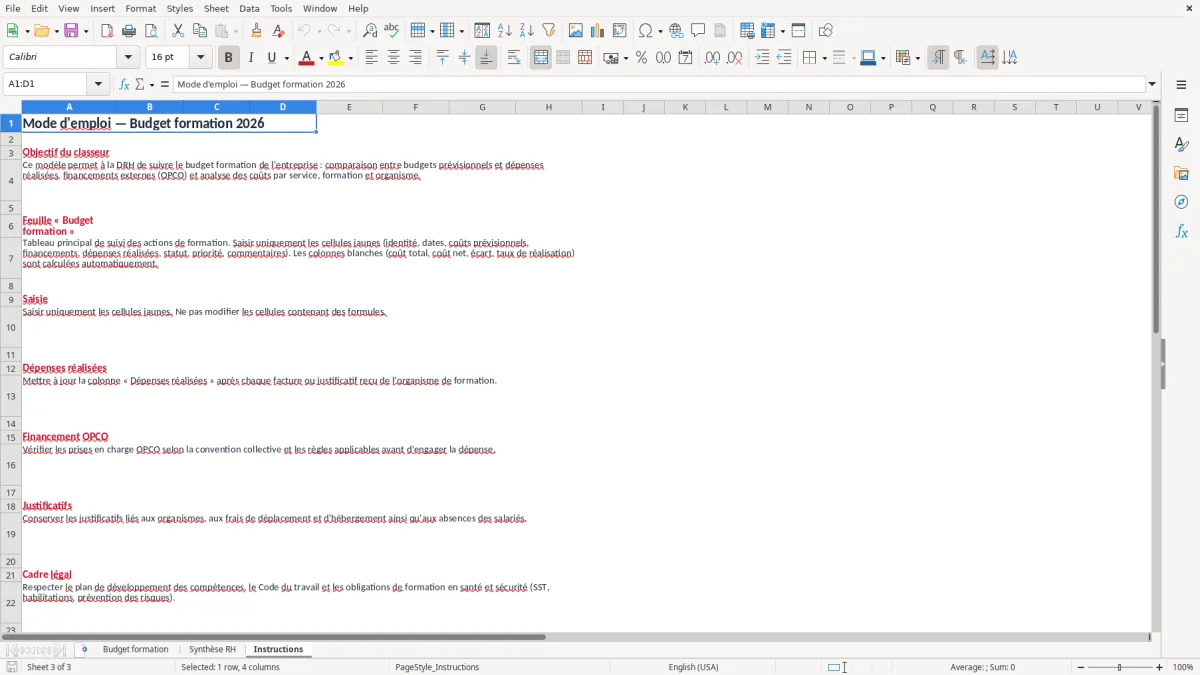 Capture 3 : onglet Instructions - Modèle Excel budget formation excel modèle