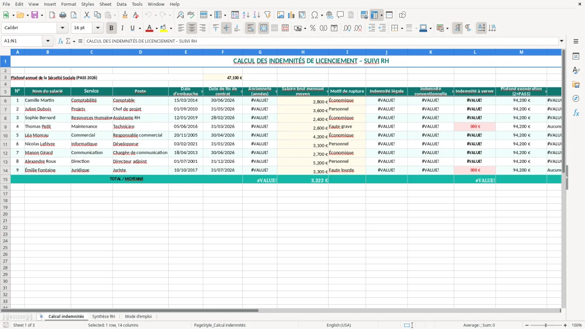 Capture 1 : onglet Calcul indemnités - Modèle Excel calcul indemnité de licenciement excel modèle
