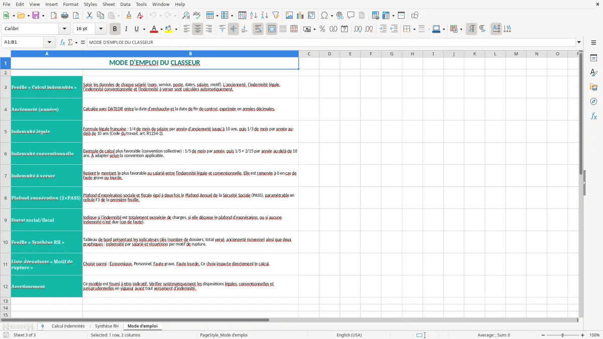 Capture 3 : onglet Mode d'emploi - Modèle Excel calcul indemnité de licenciement excel modèle