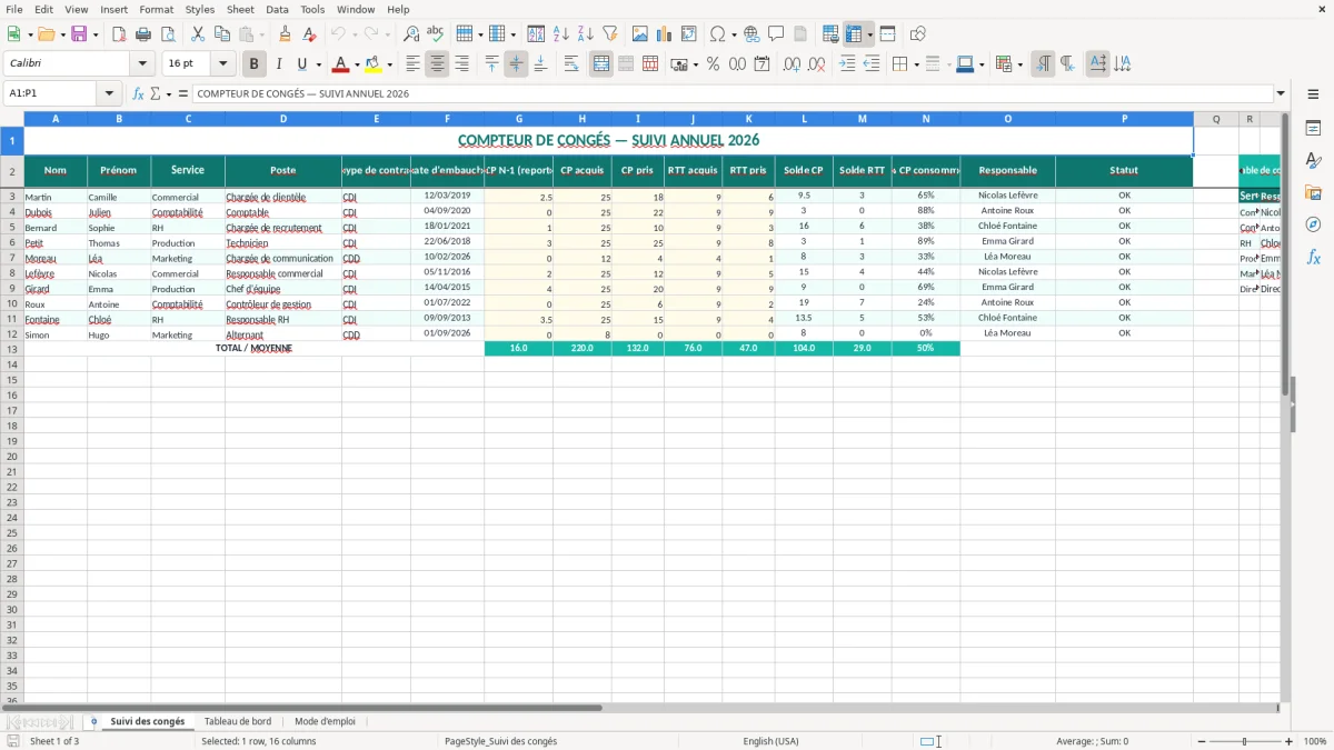 Capture 1 : onglet Suivi des congés - Modèle Excel compteur de congés excel modèle