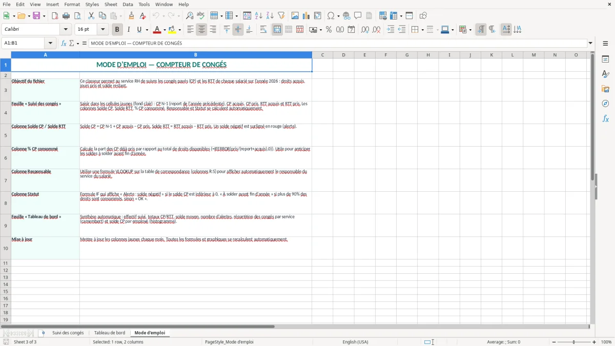 Capture 3 : onglet Mode d'emploi - Modèle Excel compteur de congés excel modèle